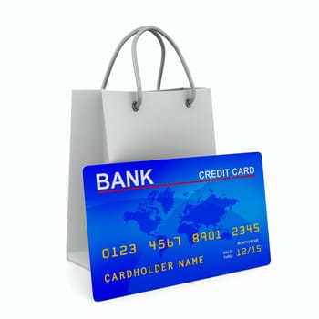 credit card with shopping bag. Isolated 3D image