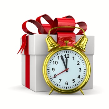 alarm clock and white gift box. Isolated 3D image