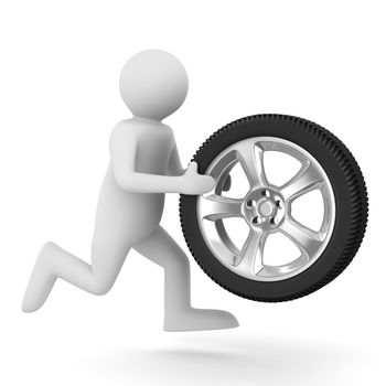 man with disk wheel on white background. Isolated 3D image