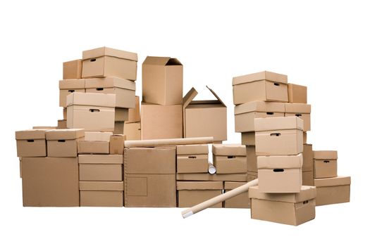 Brown different cardboard boxes arranged in stack on white background
