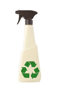 TAN PULVERIZER, ATOMIZER, CLEANING SPRAY ON WHITE BACKGROUND and green recycling sign