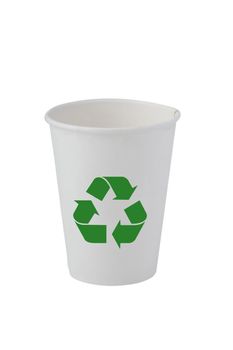 front view of recycling paper glass on white background