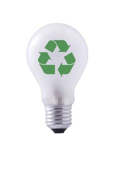 light bulb and green recycling sign on white background
