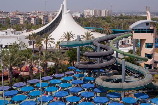 Water park view , with slides and swimming pool .