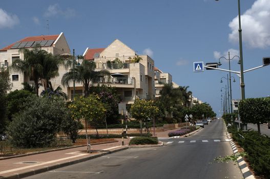 Modern homes in Israel.Modern apartment block and palm trees .