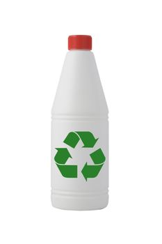 white bottle, cleaning product with recycling sign