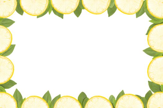 frame made from yellow lemons slice and green leaves on white background