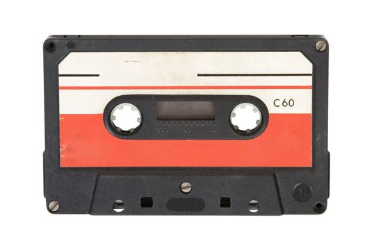 front view of old audio cassette on white background