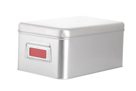 silver steel box with red blank label on white background
