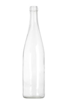 front view of transparent glass bottle on white background