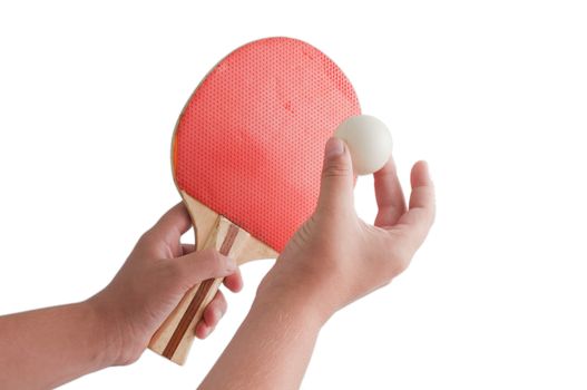 Table tennis racket with ping pong ball in the children's hands on a white background .

