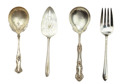 Antique silverware isolated on white with clipping path included.