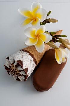 Delicious icecream and magnolia flowers on a white background .
