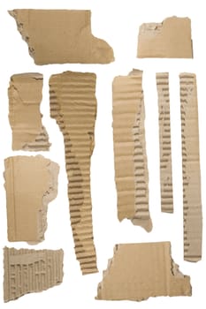 Pieces of torn brown corrugated cardboard, Isolated on White Background