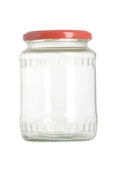 empty jar with red lid on white background