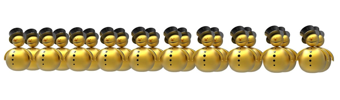 Golden snowman in a line isolated on white 3d render