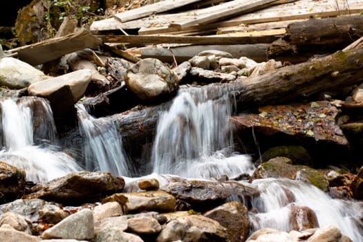 A small waterfall surrounded by stones and logs
