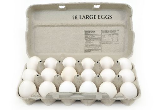 Carton of eggs isolated over white background frontal view
