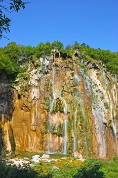 Beautiful waterfall in the scenery of Plitvice Lakes National Park in Croatia