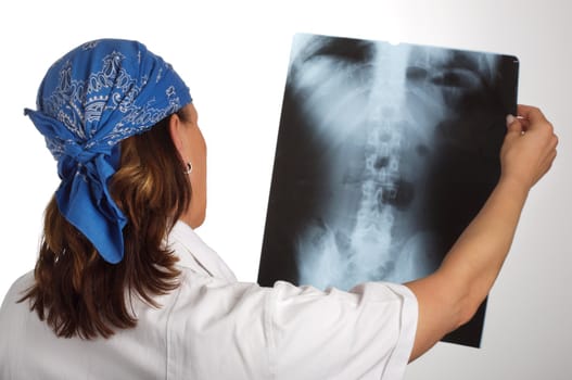 female doctor looking at a xray with white background