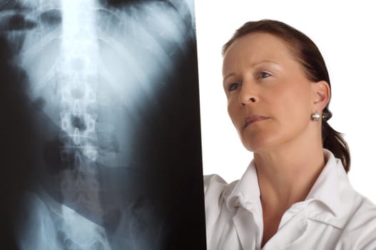 female doctor looking at a xray with white background