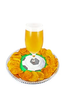 Glass of cold beer and potato crisp pleasure for fans