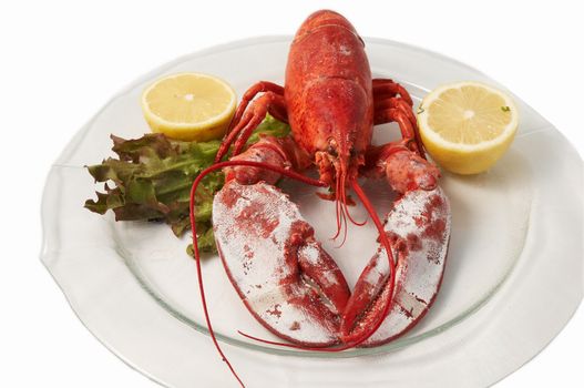 Steamed red boiled lobster with salad leaves and lemon in  restaurant .