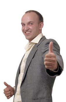 A young man showing sign okay - on a white background .