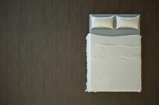 Top view of an empty bed with white bedding. 3D render.