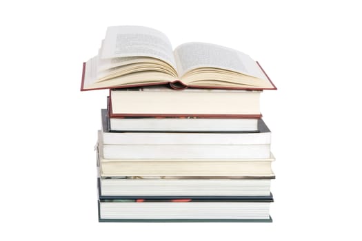 color tower books with open one arranged in stack 
