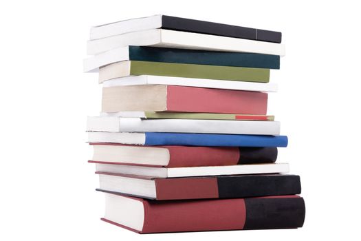 color tower books on white background arranged in stack