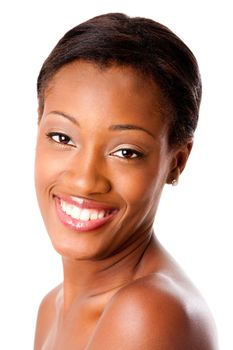 Beautiful face of a happy attractive African young woman smiling with healthy pimple acne free skin and white teeth, skincare or dental care concept, isolated.