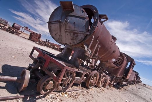 Abandoned train cars at the Train Cemetery in Uyuni, Bolivia