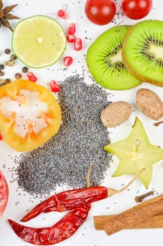 Colorful spices on a white background - beautiful kitchen image.