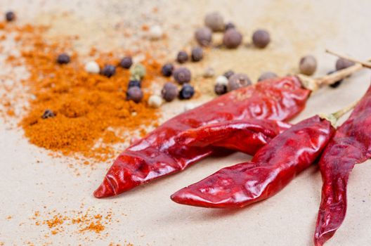 dried peppers and other kind of peppers spices on a brown background