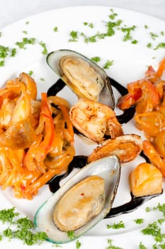 Shrimps mussels and squid tasty seafood dish