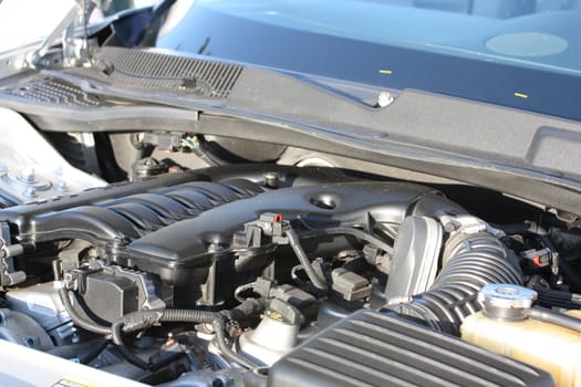 Close up of a car engine.