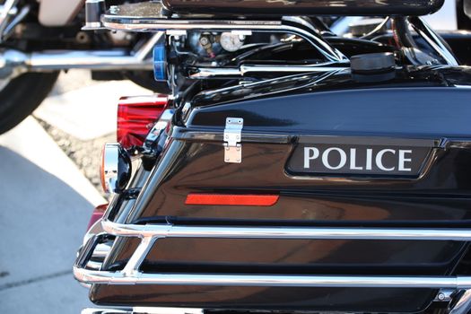 Close up of a police motorcycle.