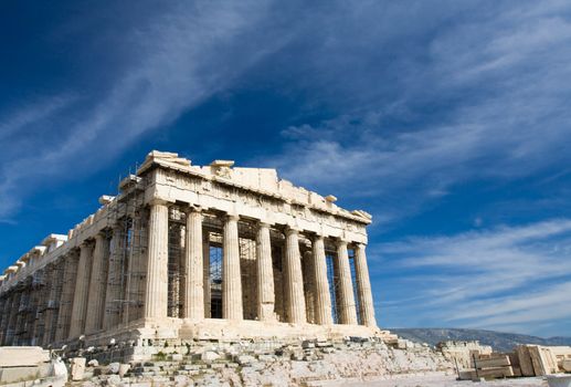 Facade of ancient temple Parthenon in Acropolis Athens Greece on the blue sky background