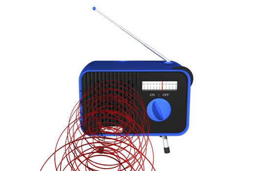 3d illustration of a blue retro radio with circle sound waves