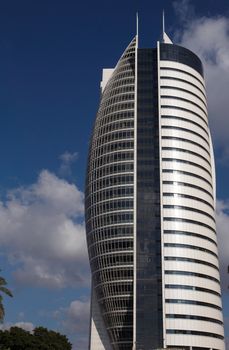 Lots of business going on in this skyscraper of glass . Israel. Haifa (Kiryat HaMemshela).