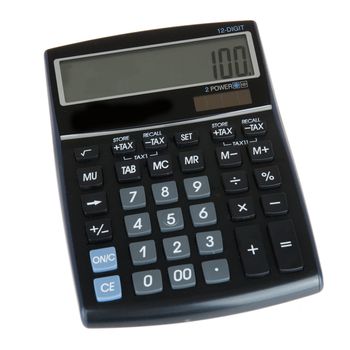 a black calculator on a white background