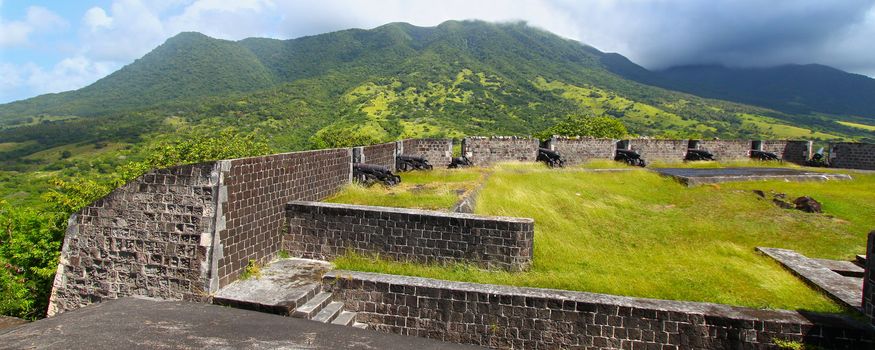 Brimstone Hill Fortress below Mount Liamuiga on the island of St Kitts.