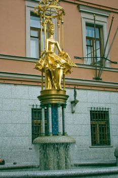 Old Arbat. Fountain sculpture Princess Turandot at the background of the theater Vakhtangov 