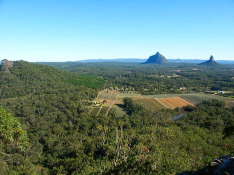 View of the Glass House Mountains area of Queensland, Australia from Mount Tibrogargan.