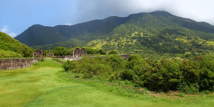 A view of Mount Liamuiga from Brimstone Hill Fortress National Park on St Kitts.
