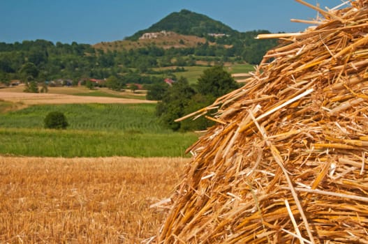 bale of straw with a panoramic view to a hill