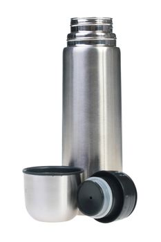 Metal thermos for preservation of a hot or cold liquid on a white background.