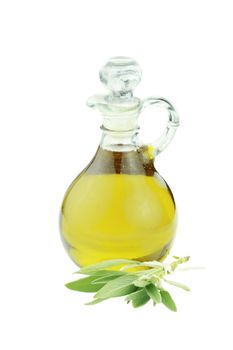 Olive oil and a tied bundle of sage isolated on a white background. Clipping path included.