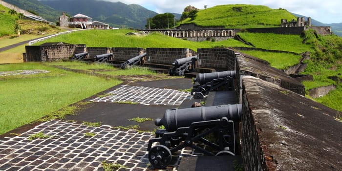 Cannons line the walls at Brimstone Hill Fortress National Park on Saint Kitts.